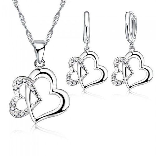 Parure Bijoux Deux Coeurs Enlacés Oxyde De Zirconium Argenté Femme