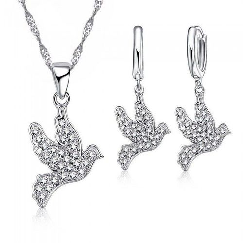 Parure Bijoux Oiseau Colombe Strass Argenté Femme