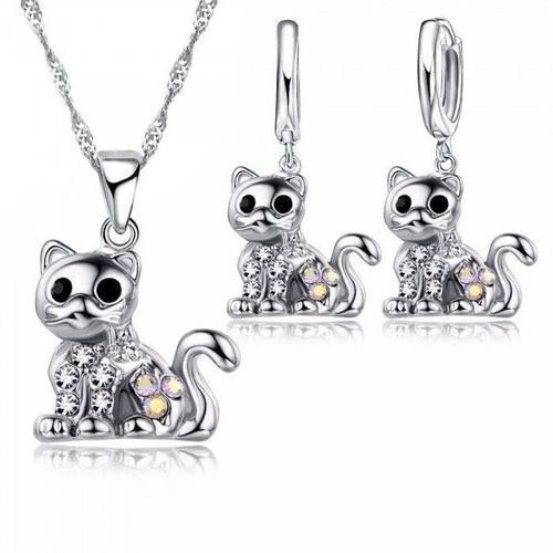Parure Bijoux Chat Serti De Strass Argenté Femme