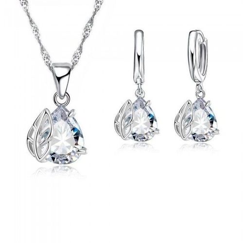 Parure Bijoux Petite Feuille Goutte Oxyde De Zirconium Argenté Femme