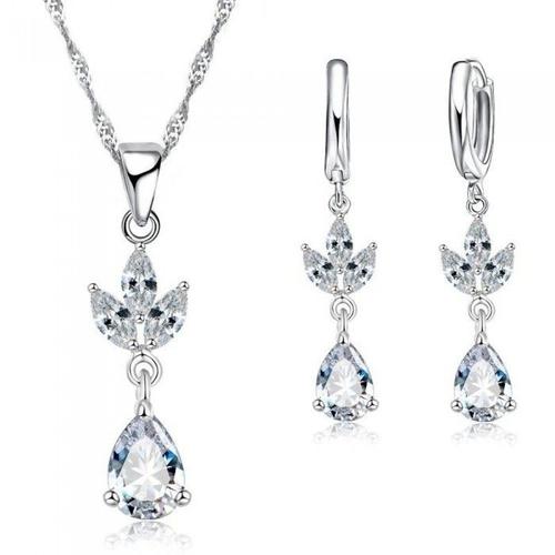 Parure Bijoux Goutte Et 3 Feuilles Oxyde De Zirconium Argenté Femme