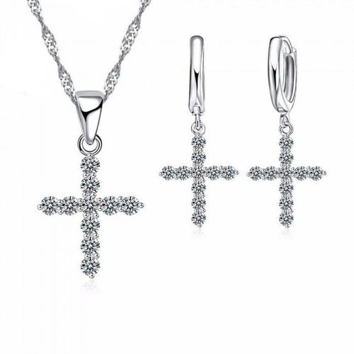 Parure Bijoux Croix Et Oxyde De Zirconium Argenté Femme