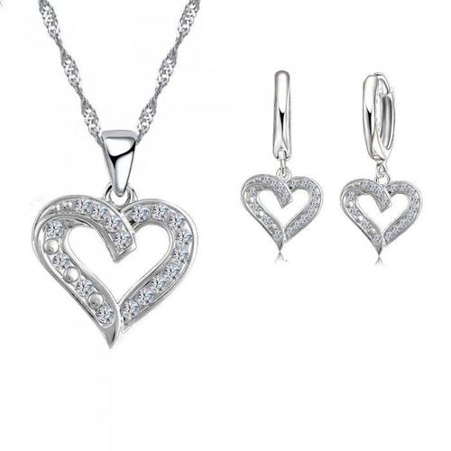 Parure Bijoux Gros Coeur Strass Argenté Femme