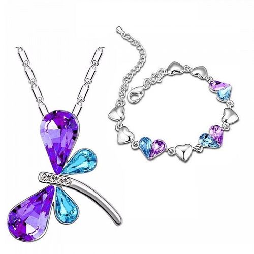 Parure Bijoux Collier Libellule Bracelet 2 Coeurs Bleu Turquoise Et Violet Argentée Femme
