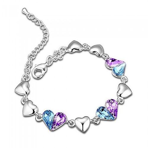 Bracelet Suite De Coeurs Strass Bleu Turquoise Et Violet Argenté Femme