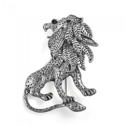 Broche Lion Crinière De Feuilles Oeil Strass Noir Argentée Femme Homme