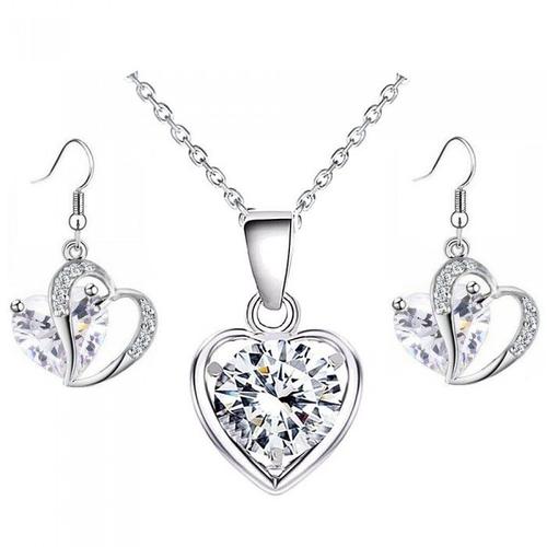 Parure Bijoux Coeur Collier Boucles D'oreilles Oxyde De Zirconium Argentée Femme