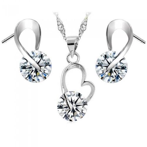 Parure Bijoux Coeur Oxyde De Zirconium Rond Collier Boucles D'oreilles Argentée Femme