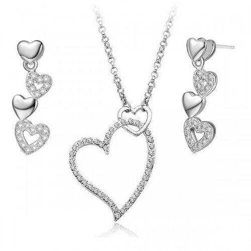 Parure Bijoux Collier 2 Coeurs Strass Boucles D'oreilles Pendantes Argentée Femme