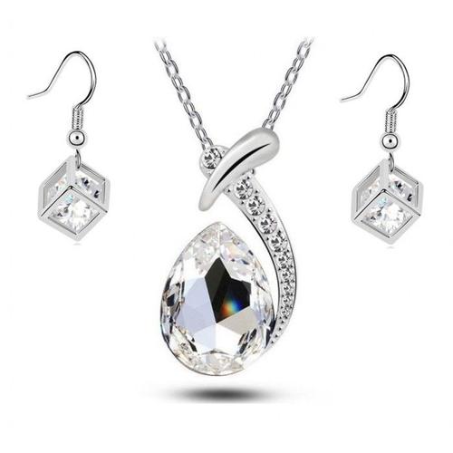 Parure Bijoux Collier Goutte Boucles D'oreilles Cube D'oxyde De Zirconium Argentée Femme