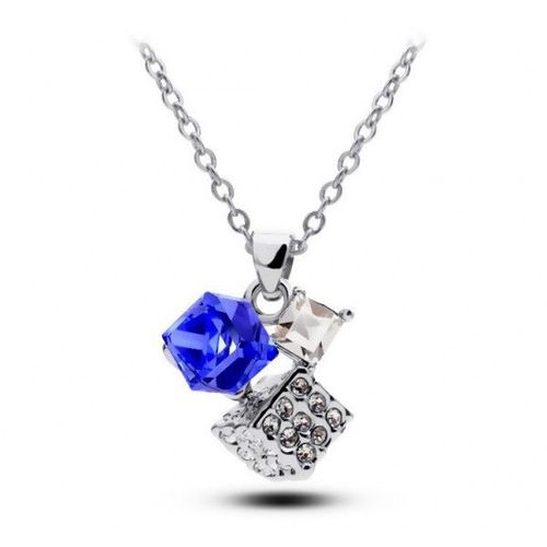Collier 3 Cubes Blanc Bleu Et Strass Argenté Femme