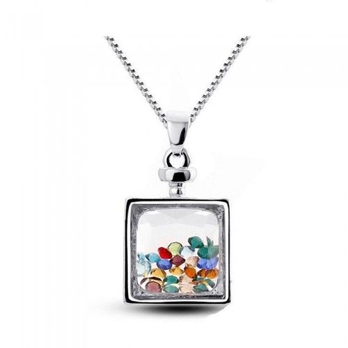 Collier Médaillon Carré Petits Strass Colorés Argenté Femme