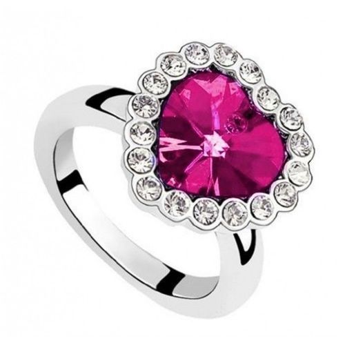 Bague Réglable Coeur De L'océan Strass Couleur Rose Fushia Argentée Femme