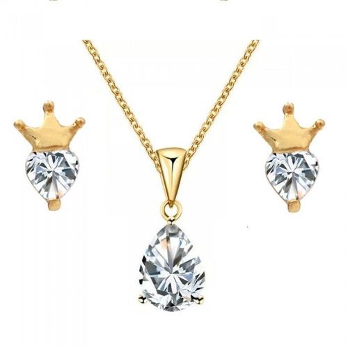 Parure Bijoux Collier Goutte Boucles D'oreilles Couronne Oxyde De Zirconium Doré Femme