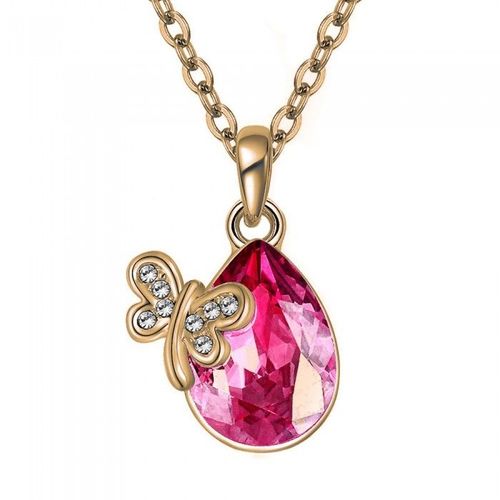 Collier Goutte Et Papillon Strass Doré Femme Couleur Rose