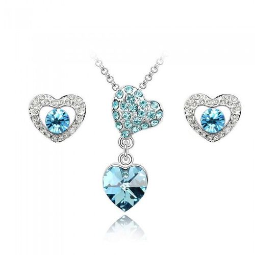 Parure Coeurs Strass Argentée Femme Couleur Bleu Turquoise