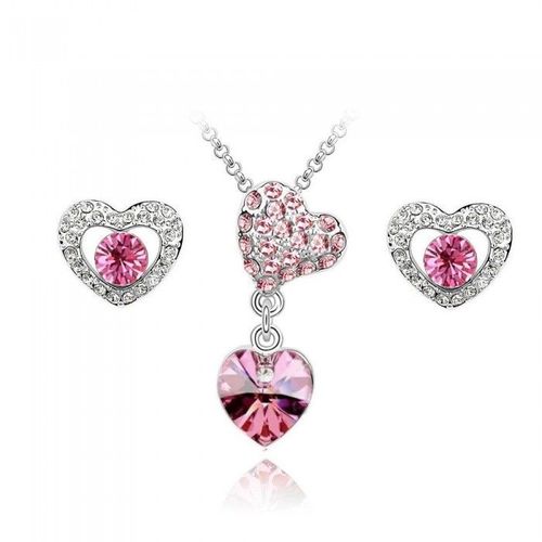 Parure Coeurs Strass Argentée Femme Couleur Rose