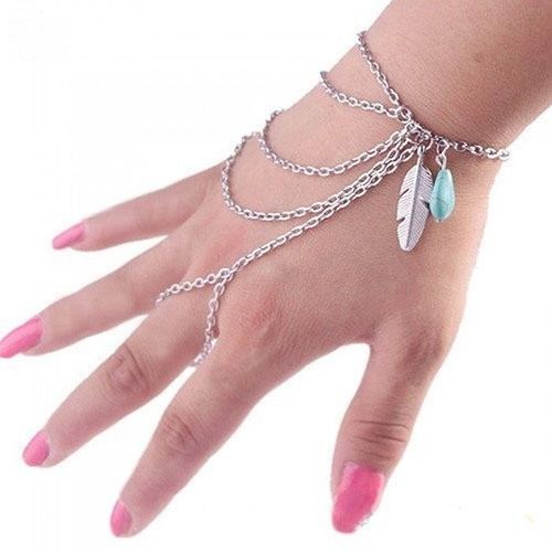 Chaîne De Main Plume Et Pierre Turquoise Femme Couleur Argenté