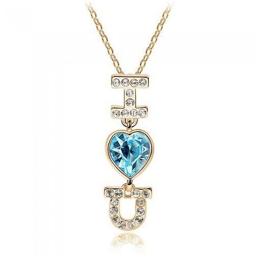Collier I Love You Coeur Strass Je T'aime Doré Rose Femme Couleur Bleu Turquoise