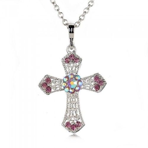 Collier Argenté Croix Strass Femme Couleur Violet