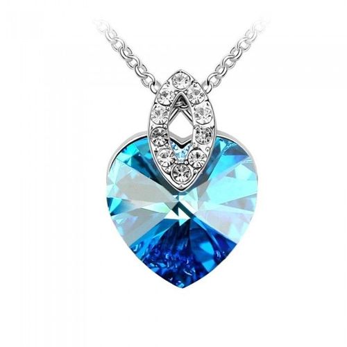 Collier Argenté Strass Et Coeur Cristal Femme Couleur Bleu Turquoise