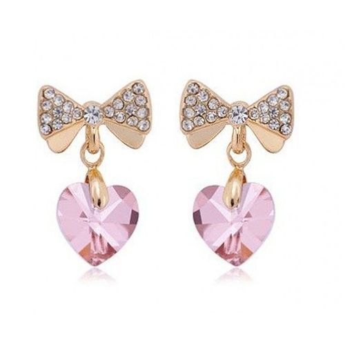Boucles D'oreilles Noeud Dorées Coeur Cristal Femme Couleur Rose