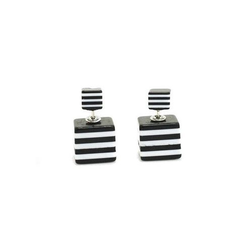 Boucles D'oreilles Double Carrés Rayures Zébrées Femme Couleur Blanc