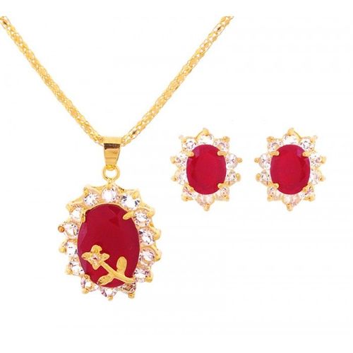 Parure Dorée Goutte Strass Et Petite Fleur Femme Couleur Rouge