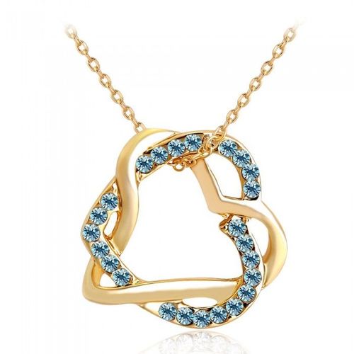 Collier 2 Coeurs Enlacés Sertis De Strass Doré Femme Couleur Bleu Turquoise