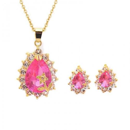 Parure Dorée Goutte Strass Et Petite Fleur Femme Couleur Rose