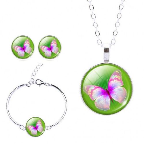 Parure Argentée Cabochon Papillon Avec Bracelet Femme Couleur Vert