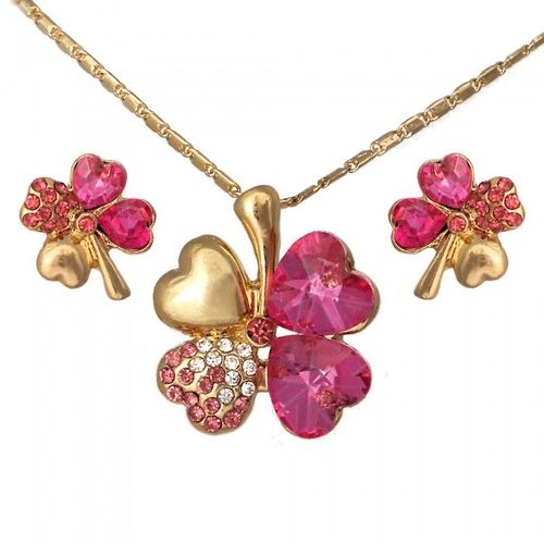 Parure Trèfle Porte Bonheur Strass Doré Femme Couleur Rose