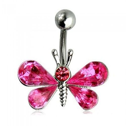 Piercing Nombril Papillon Strass Acier Inoxydable Femme Couleur Rose