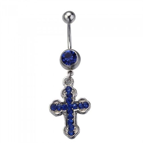 Piercing Nombril Croix Strass Acier Inoxydable Femme Couleur Bleu Roi