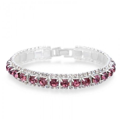 Bracelet Élégant Argenté 3 Rangs Strass Femme Couleur Rose