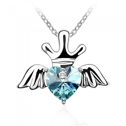Collier Coeur Cristal Aile Avec Couronne Argenté Femme Couleur Bleu Turquoise