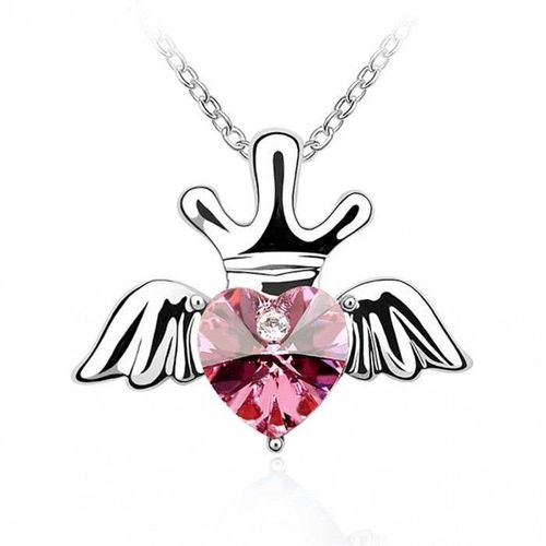 Collier Coeur Cristal Aile Avec Couronne Argenté Femme Couleur Rose