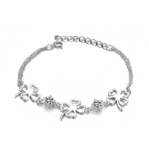 Bracelet 3 Trèfles Strass 2 Rangs Argenté Femme Couleur Blanc