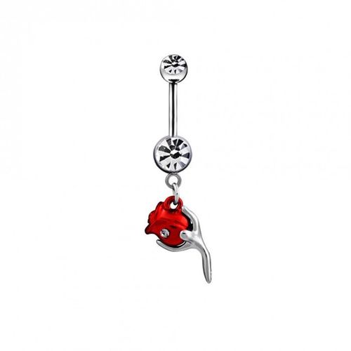 Piercing Nombril Fleur Rose Strass Acier Inoxydable Femme Couleur Rouge