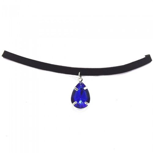 Ras Du Cou Collier Cordon Noir Goutte Strass Femme Couleur Bleu Roi