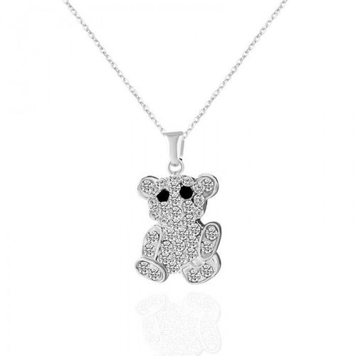 Collier Petit Ourson Yeux Noirs Serti De Strass Femme Couleur Argenté