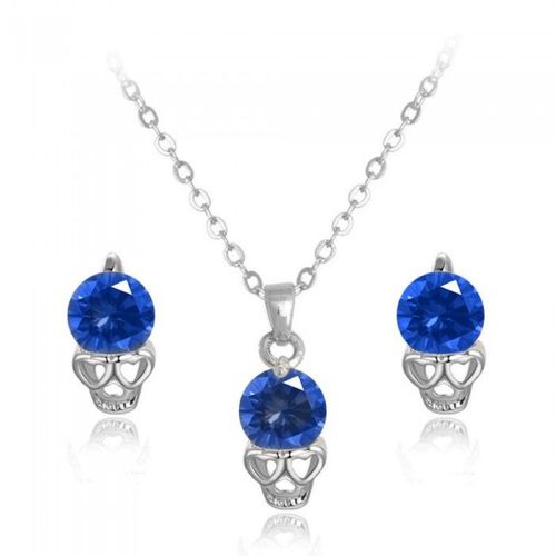 Parure Bijoux Tête De Mort Yeux Coeurs Oxyde De Zirconium Argentée Femme Couleur Bleu Roi