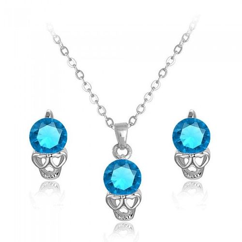 Parure Bijoux Tête De Mort Yeux Coeurs Oxyde De Zirconium Argentée Femme Couleur Bleu Turquoise