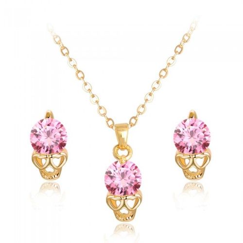 Parure Bijoux Tête De Mort Yeux Coeurs Oxyde De Zirconium Dorée Femme Couleur Rose