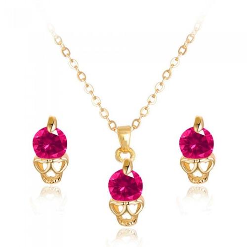 Parure Bijoux Tête De Mort Yeux Coeurs Oxyde De Zirconium Dorée Femme Couleur Rose Fushia