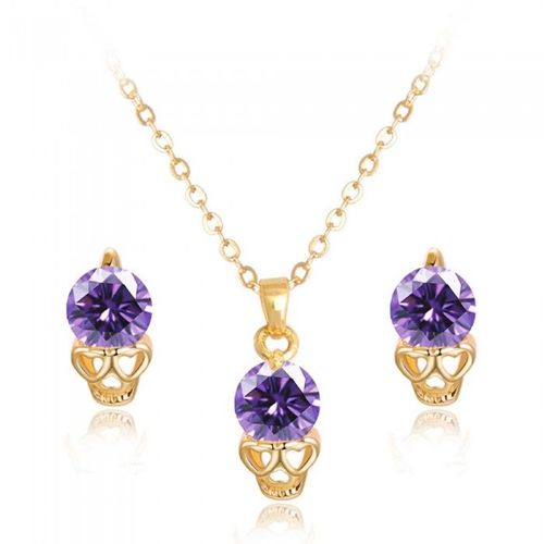 Parure Bijoux Tête De Mort Yeux Coeurs Oxyde De Zirconium Dorée Femme Couleur Violet