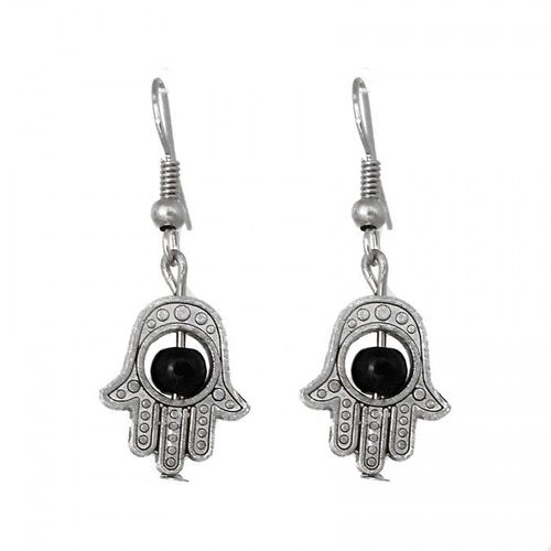 Boucles D'oreilles Main De Fatma Argenté Avec Perle Femme Couleur Noir