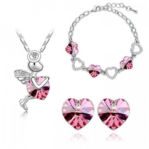 Parure Bijoux Ange Coeur Avec Bracelet Argentée Femme Couleur Rose Fushia
