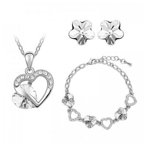 Parure Bijoux Coeur Fleur Avec Bracelet Argentée Femme Couleur Blanc