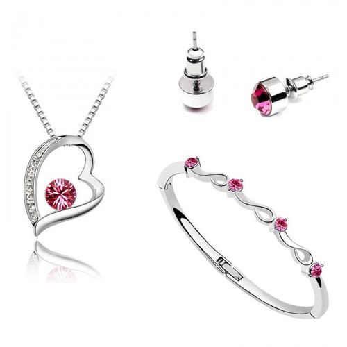 Parure Bijoux Coeur Avec Bracelet Argentée Femme Couleur Rose Fushia